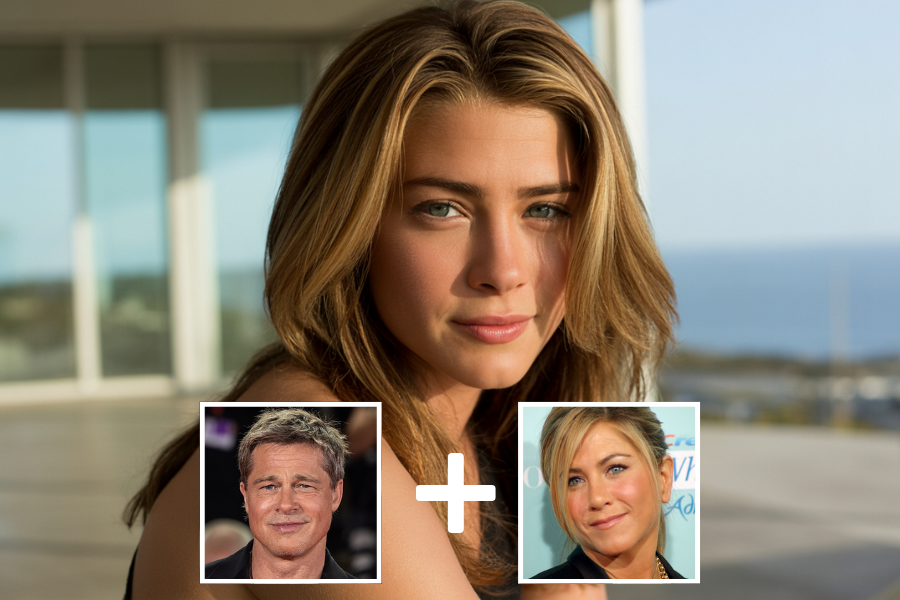 This image appears to depict a digitally generated woman with light brown hair and blue-green eyes, placed centrally. Below her are two smaller inset images side by side: one of a man and one of a woman, with a plus sign between them. The layout and context suggest this might be an AI-generated "child" created by combining features from the two individuals shown below.