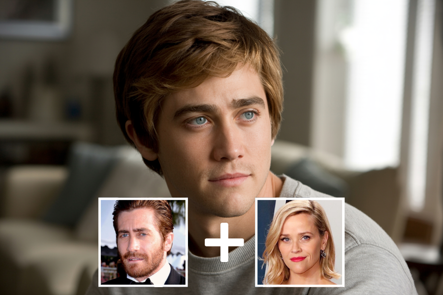 AI-generated young man with light brown hair and striking blue eyes, seated in a softly lit modern living room. Two smaller images—a bearded man and a blonde woman—are positioned below with a plus sign, indicating he is a digital combination of their facial features.