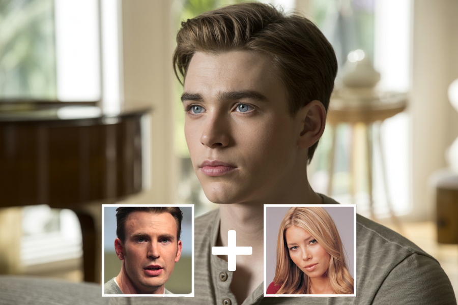 AI-generated young man with short, styled light brown hair and bright blue eyes, sitting in a sunlit living room with a piano in the background. Two smaller photos—a clean-cut man and a blonde woman—are featured below with a plus sign, suggesting he is a digital blend of their features.