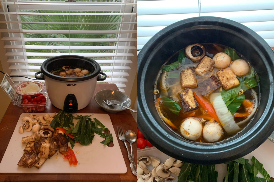 Side-by-side images show a homemade vegetable hot pot in progress. The left side features a rice cooker labeled "Aroma" filled with broth, next to a cutting board with chopped tofu, mushrooms, bok choy, and red bell pepper. The right side shows a close-up of the simmering broth containing tofu, bok choy, mushrooms, onion slices, and whole fish balls.