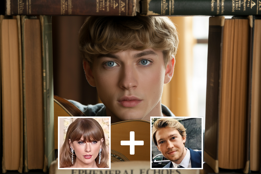 AI-generated young man with light brown hair, blue eyes, and soft facial features, framed by bookshelves with a guitar in front of him. Two smaller photos—one of a woman with bangs and earrings, and one of a man in a suit—appear below with a plus sign, suggesting he is a digital blend of their appearances.