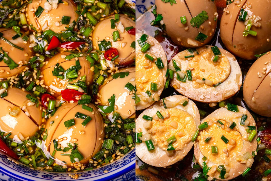 A close-up collage shows soy sauce marinated eggs, known as Mayak eggs, garnished with sesame seeds, chopped scallions, garlic, and sliced chili peppers. The left side features whole eggs soaking in the flavorful marinade, while the right side shows halved eggs revealing their tender yolks and seasoning.
