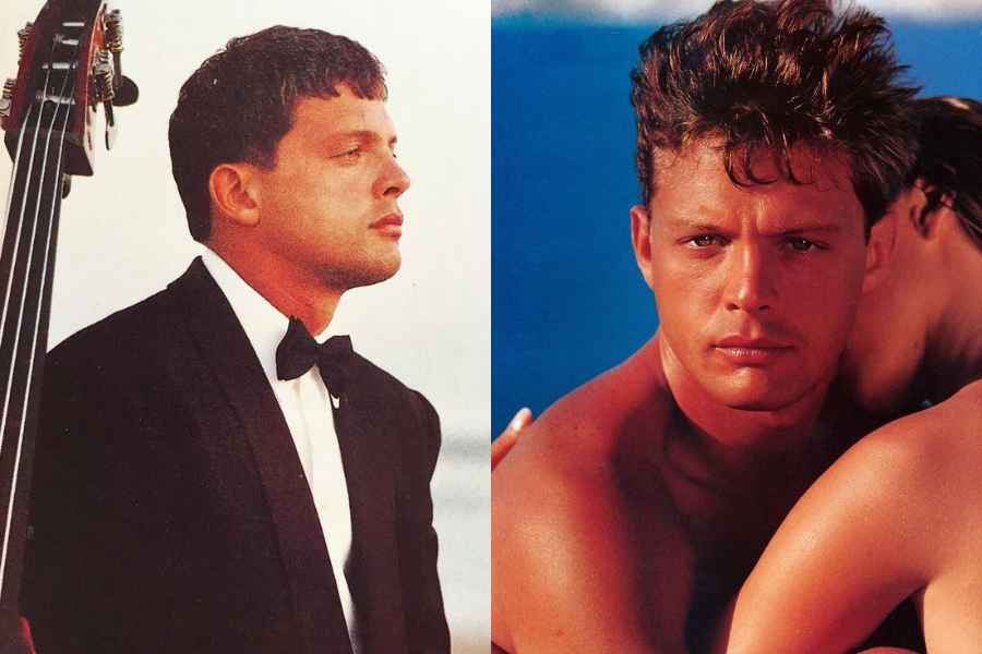 A man with short, dark hair. On the left, he is wearing a black tuxedo and bow tie, standing next to the neck of a double bass, looking to the right. On the right, he is shirtless, looking directly at the viewer, with another person's arm and head visible on his right shoulder.