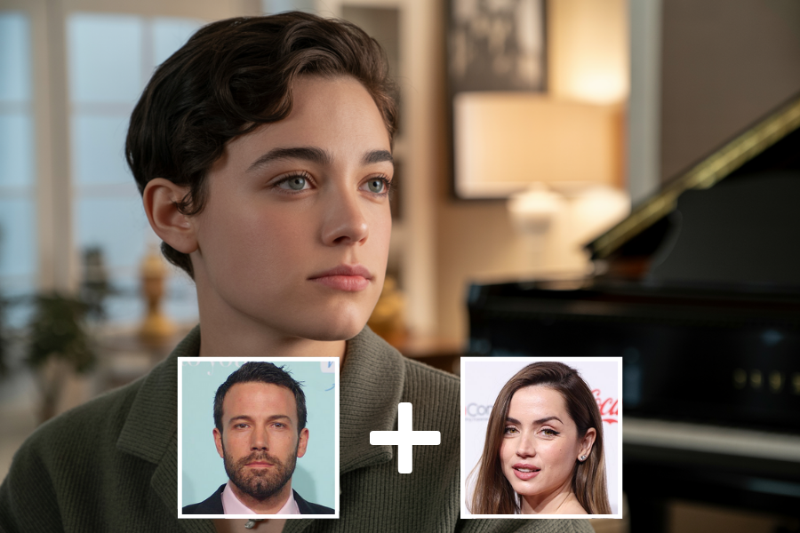 AI-generated person with short dark hair, soft features, and light eyes, seated near a piano in a warmly lit living room. Two smaller images—a man with a trimmed beard and a woman with long hair—are displayed below with a plus sign, suggesting the central figure is a digital blend of their appearances.