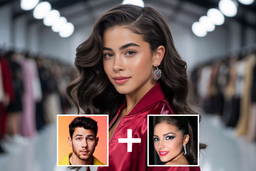 AI-generated young woman with long, voluminous dark hair and radiant skin, wearing statement earrings and a red satin jacket, posed in a modern fashion showroom. Below her are two smaller portraits—a man against an orange background and a glamorous woman—connected by a plus sign, indicating she is a digital blend of their features.