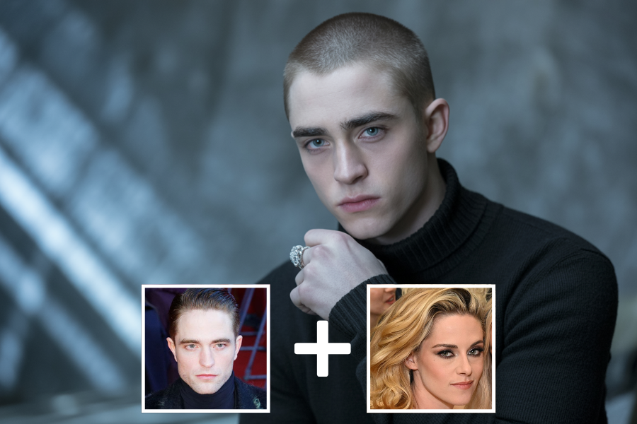 AI-generated young man with a shaved head, sharp jawline, and piercing eyes, dressed in a black turtleneck and posed against a moody, textured background. Two smaller images—a man in a dark coat and a woman with styled blonde hair—appear below with a plus sign, indicating he is a digital composite of their features.