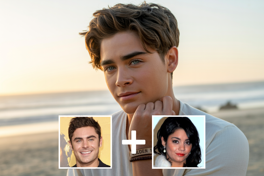 AI-generated young man with tousled brown hair and striking blue-green eyes, resting his chin on his hand while sitting on a beach at sunset. Two smaller images—a smiling man against a yellow backdrop and a woman with dark hair in a white fur coat—appear below with a plus sign, indicating he is a digital blend of their facial features.