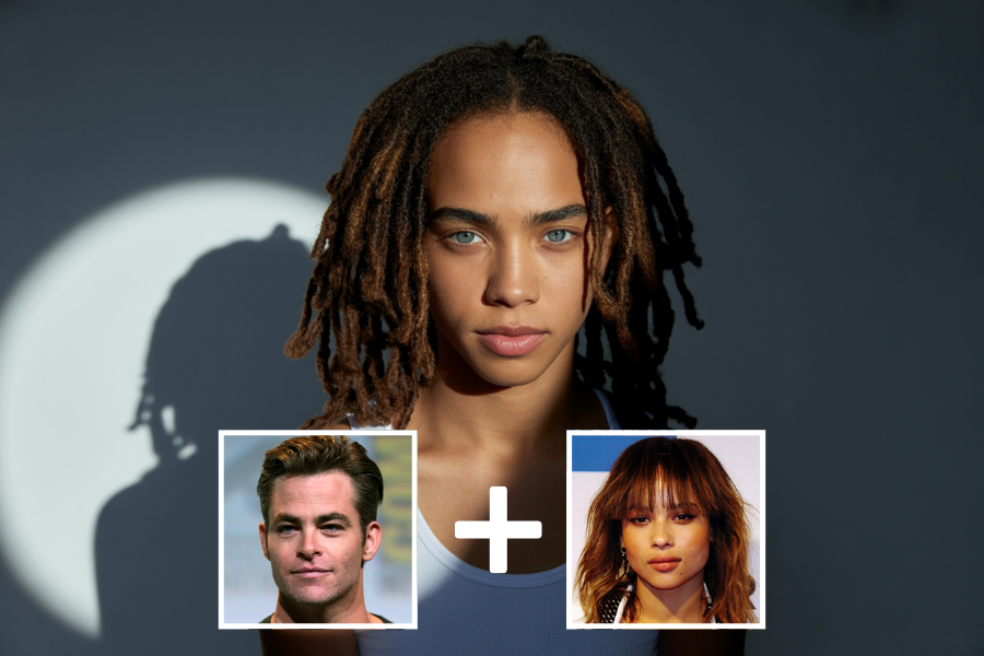 AI-generated person with light brown locs, piercing blue eyes, and a confident gaze, illuminated by dramatic lighting against a dark backdrop. Two smaller portraits—a clean-shaven man and a woman with bangs and hoop earrings—are shown below with a plus sign, indicating a digital blend of their features.
