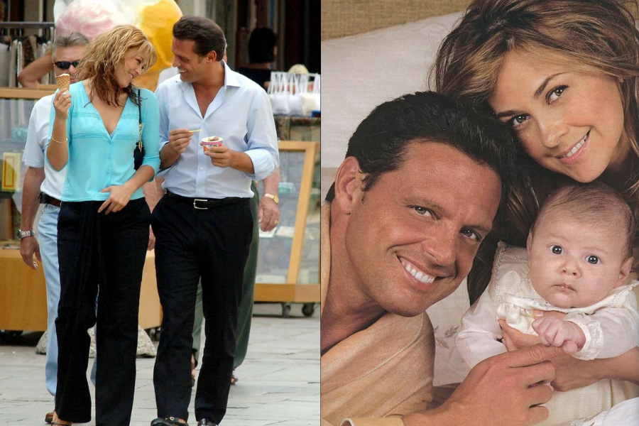 A man and a woman in two different settings. On the left, the couple walks outdoors, eating ice cream; the woman wears a light blue top and black pants, and the man wears a light blue shirt and black pants. On the right, the same couple is shown in a close-up portrait with a baby; the man smiles at the camera while the woman holds the baby, who looks wide-eyed.