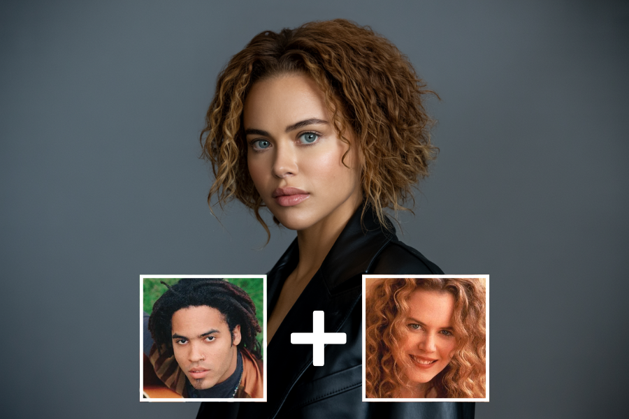 AI-generated woman with defined features, short curly hair, and piercing blue eyes, wearing a black leather jacket against a neutral grey backdrop. Below her are two smaller portraits—one of a man with locs and one of a woman with voluminous curls—joined by a plus sign, indicating she is a digital blend of their features.