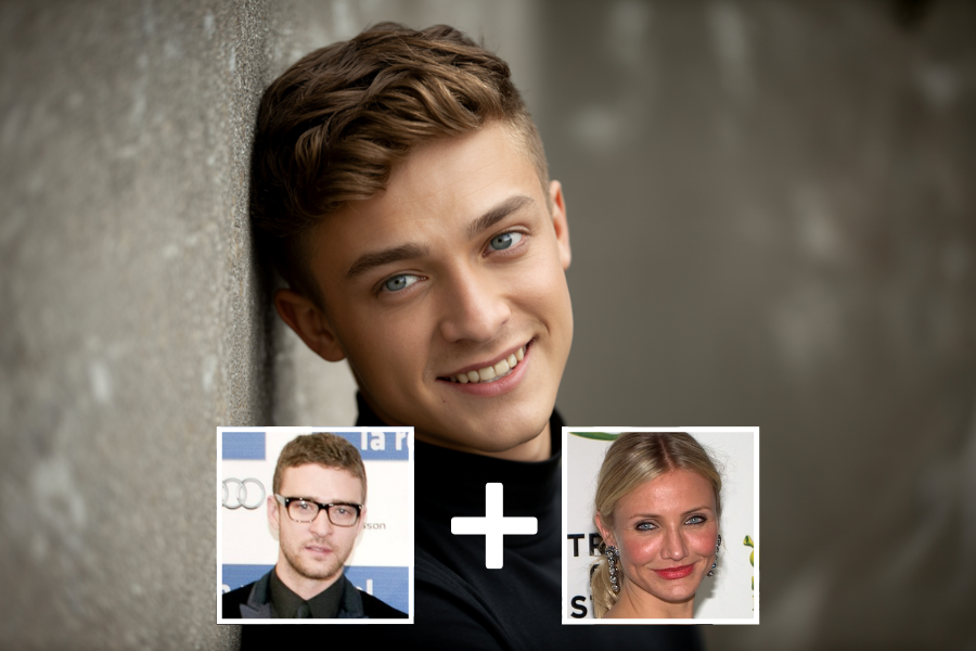 AI-generated young man with short, styled light brown hair and bright blue eyes, smiling while leaning casually against a textured wall. Two smaller images—a man with glasses in a suit and a blonde woman with tied-back hair—are shown below with a plus sign, indicating he is a digital blend of their facial features.