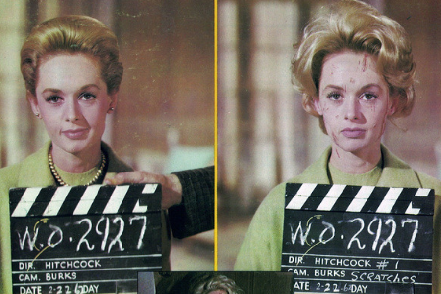 Side-by-side images of actress Tippi Hedren on the set of Alfred Hitchcock’s The Birds—on the left, she appears pristine and composed in a green outfit; on the right, she wears the same outfit but with disheveled hair and visible scratches on her face, simulating injuries. Both shots include a clapperboard labeled with the same production details, dated 2-22-64.