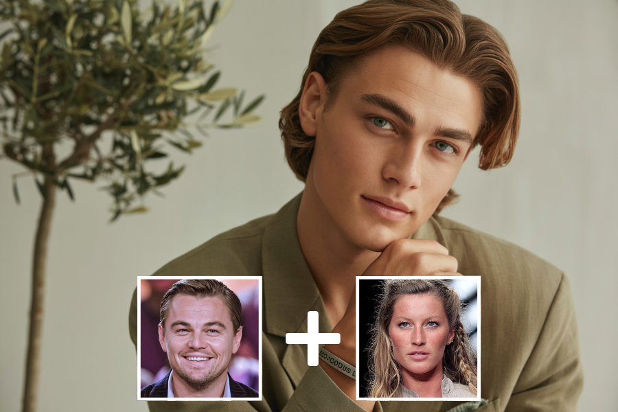 AI-generated young man with soft brown hair and green eyes, posed thoughtfully in a neutral-toned blazer. Below him are two smaller photos of a smiling man and a woman on a runway, connected by a plus sign to suggest he is a digital blend of their features.