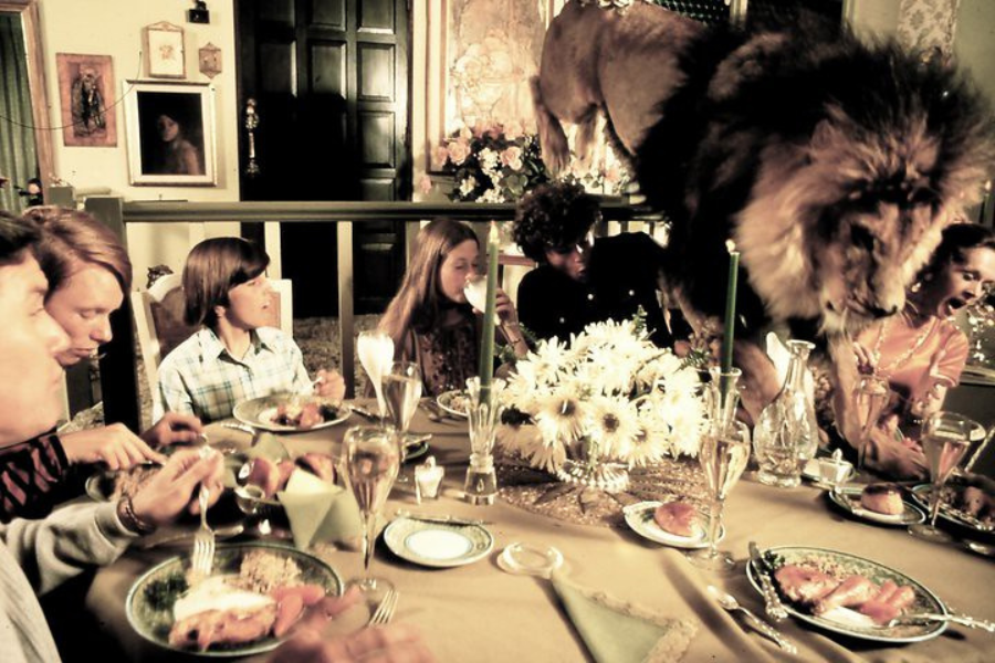 A large lion walks across a formal dining table set with plates of food, candles, and flowers, while a group of people—ranging from calm to surprised—sit around it during what appears to be a chaotic dinner scene inside a decorated home.