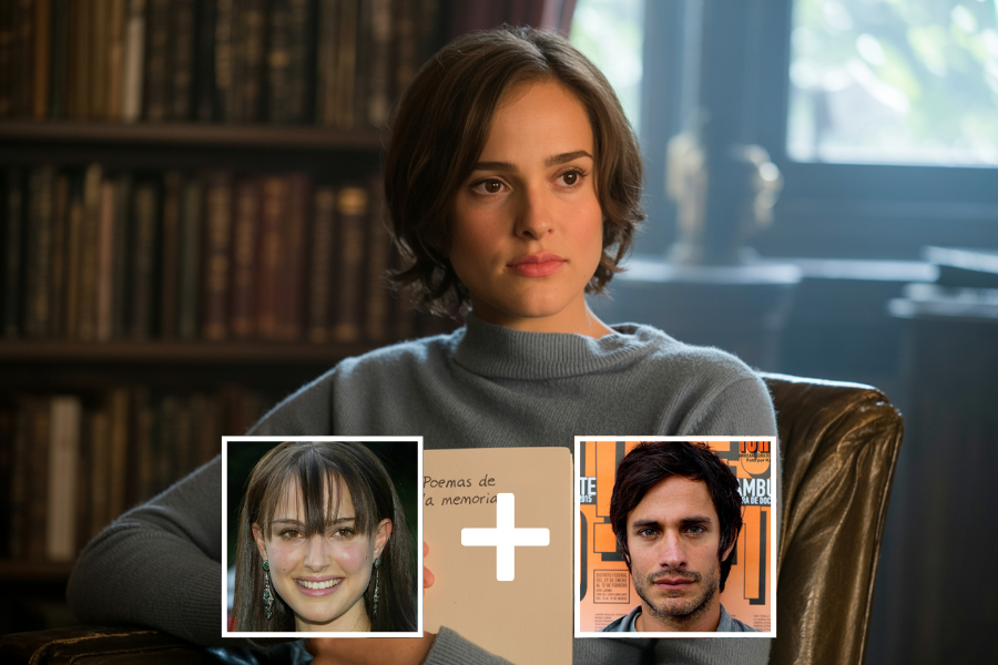 AI-generated young woman with a short bob haircut and soft expression, seated in a cozy library holding a book titled Poemas de la memoria. Two smaller portraits—a woman with bangs and earrings and a man with tousled hair—are shown below with a plus sign, suggesting she is a digital blend of their features.