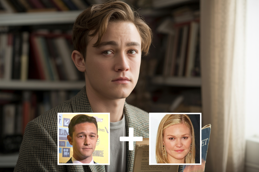 AI-generated young man with light brown hair and a pensive expression, holding an open book while seated in a softly lit room with bookshelves behind him. Two smaller images—a suited man against a yellow backdrop and a blonde woman with long earrings—appear below with a plus sign, suggesting he is a digital blend of their facial features.