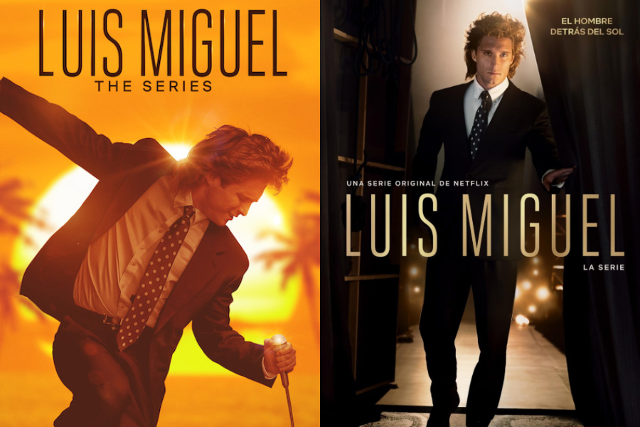 A diptych showcasing two promotional posters for "Luis Miguel, The Series." The left poster features a man in a suit singing into a microphone against an orange sunset backdrop with "LUIS MIGUEL THE SERIES" text. The right poster shows the man in a suit walking towards the viewer, with "EL HOMBRE DETRÁS DEL SOL," "UNA SERIE ORIGINAL DE NETFLIX," and "LUIS MIGUEL LA SERIE" text.