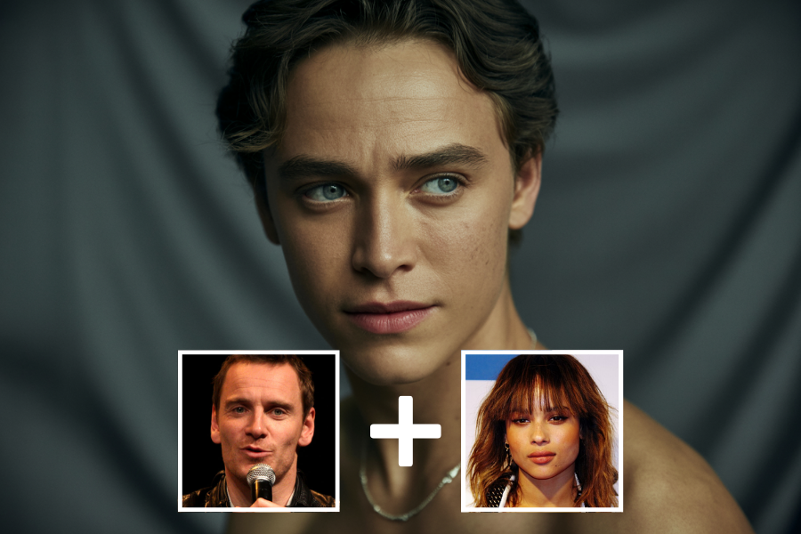 AI-generated young man with striking blue eyes, wavy dark hair, and smooth skin, posed shirtless against a dark, textured backdrop. Below him are two smaller portraits—a man holding a microphone and a woman with bangs and hoop earrings—connected by a plus sign, indicating he is a digital blend of their features.