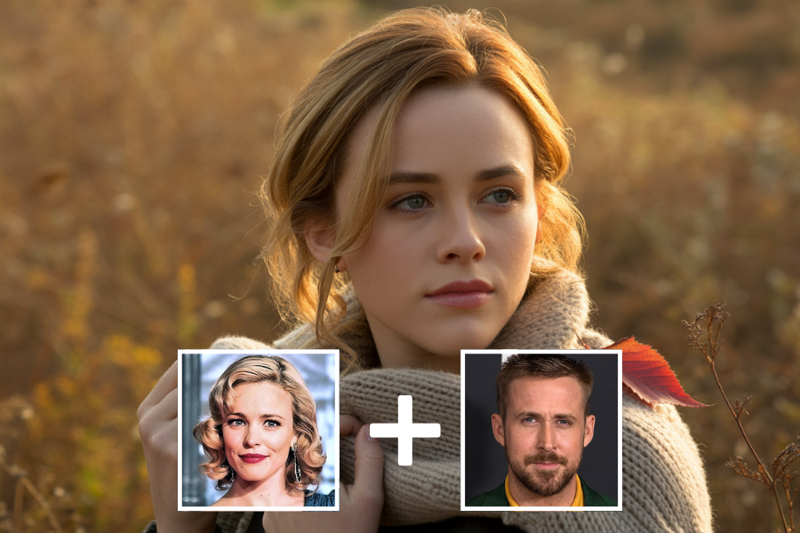 AI-generated young woman with soft features and blonde hair tied back, wrapped in a thick scarf and standing in a golden autumn field. Two smaller portraits—a glamorous blonde woman and a man with a trimmed beard—are shown below with a plus sign, indicating she is a digital blend of their appearances.