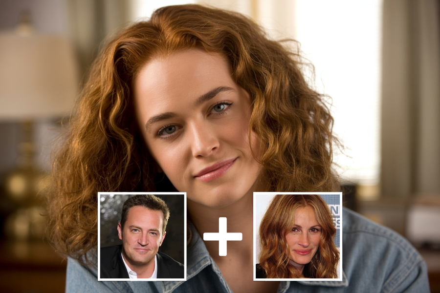 AI-generated young woman with warm auburn curls, subtle features, and a relaxed smile, seated in a cozy, softly lit interior wearing a denim shirt. Two smaller portraits—a man in a black blazer and a woman with long red waves—are shown below with a plus sign, indicating she is a digital blend of their features.