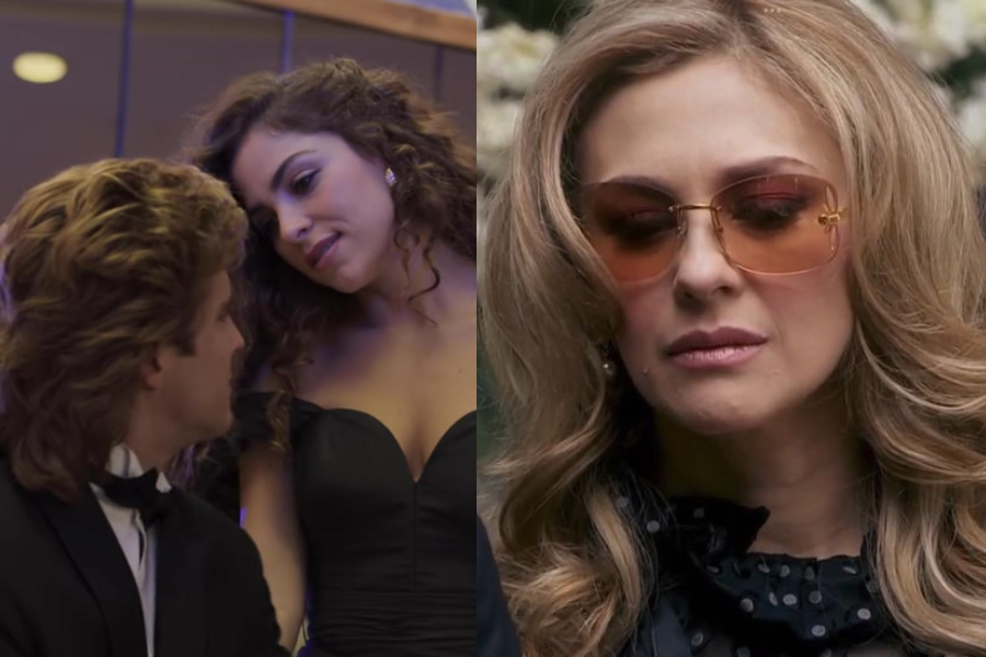 Side-by-side photo of two different women. On the left, a young woman with curly dark hair, wearing a black dress, gazes at a man with long, wavy hair, who is partially visible. On the right, a woman with long blonde hair and large, tinted sunglasses looks down with a somber expression.
