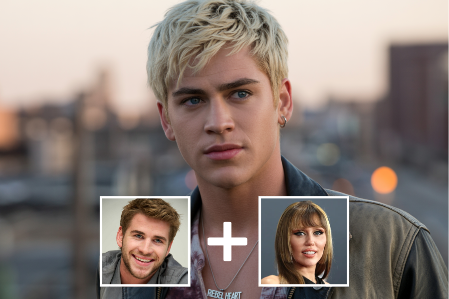 AI-generated young man with short, tousled platinum blonde hair, defined brows, and a confident look, wearing layered necklaces and a leather jacket against an urban sunset backdrop. Below him are two smaller portraits—a smiling man with light hair and a woman with bangs—joined by a plus sign, indicating he is a digital fusion of their features.