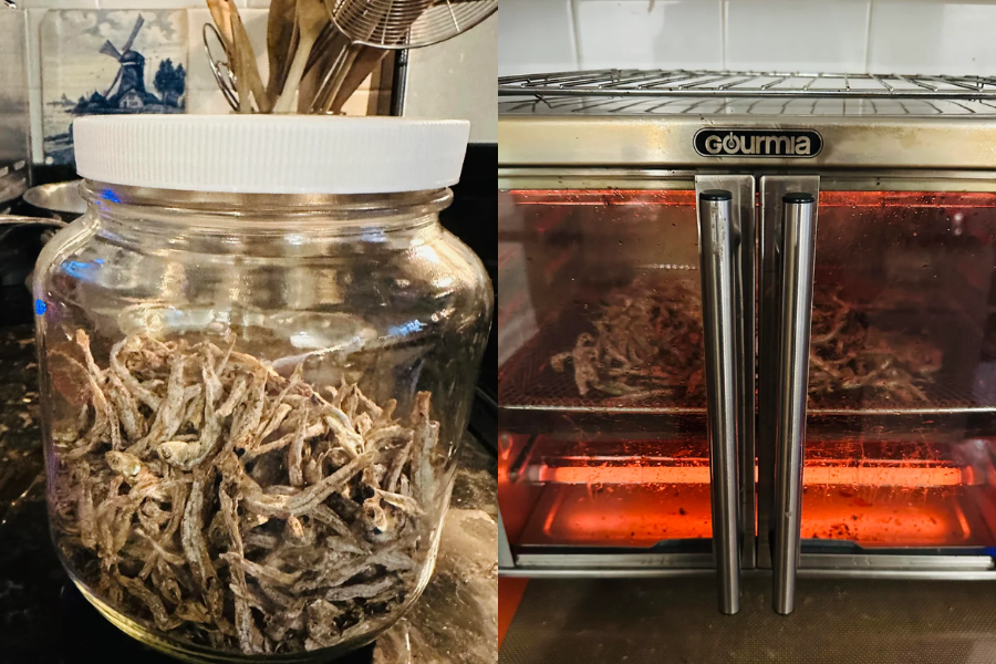 Side-by-side images show dried anchovies in two stages: on the left, a large glass jar filled with crispy, silver-colored dried anchovies sits on a kitchen counter; on the right, a batch of anchovies is being dehydrated inside a Gourmia air fryer oven, lit with a red glow.