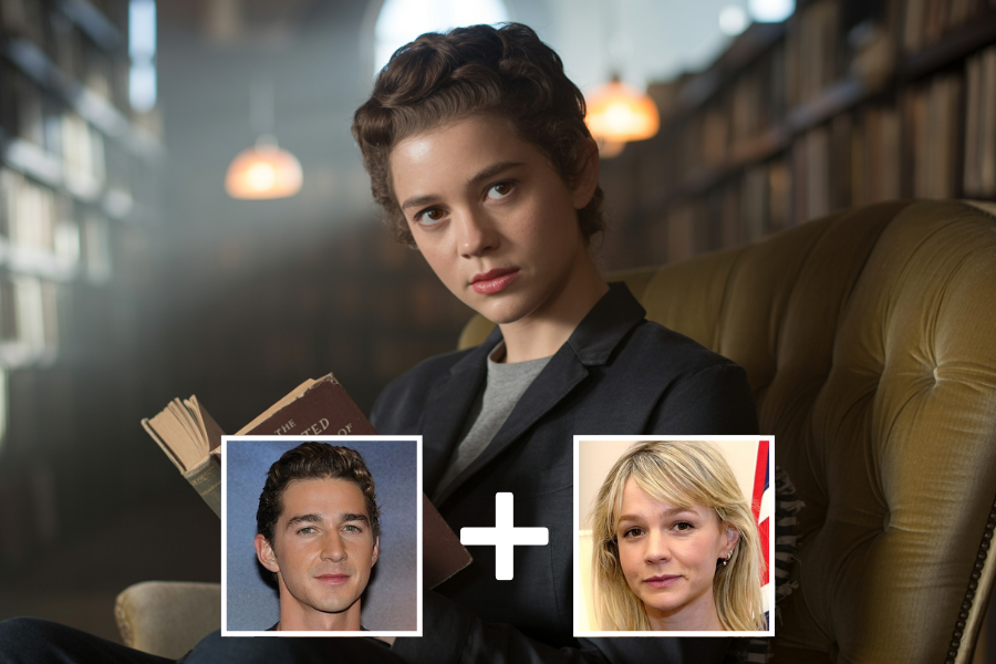 AI-generated person with short, neatly styled hair and a composed expression, sitting in a vintage library holding an old book. Two smaller portraits—a man with dark curls and a woman with side-swept blonde bangs—are placed below with a plus sign, indicating this figure is a digital blend of their features.