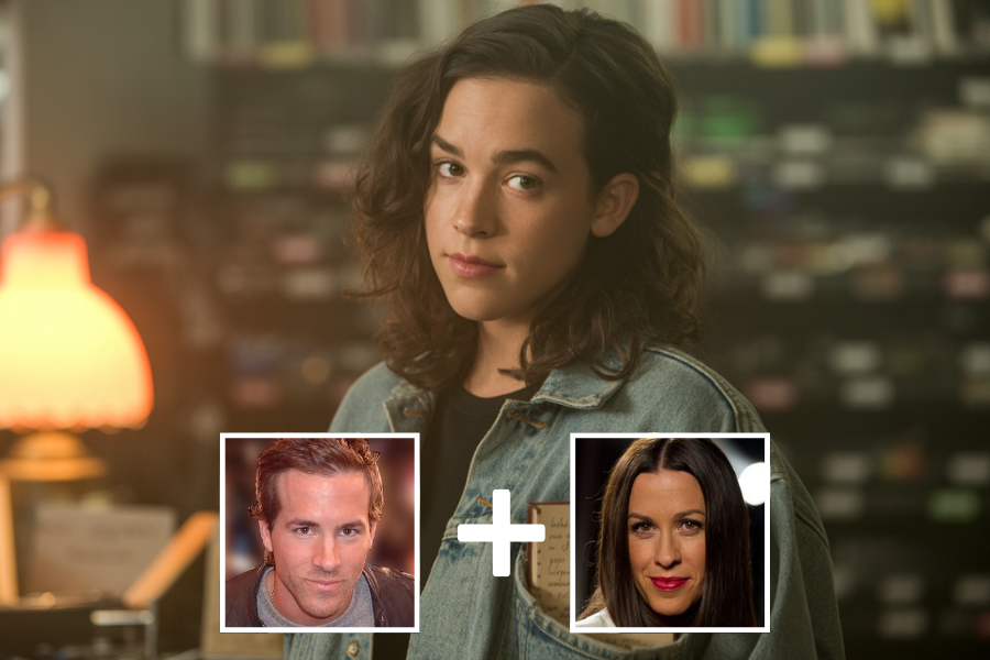 AI-generated young woman with long, wavy dark hair and a calm, knowing expression, wearing a denim jacket in a cozy, softly lit record or bookstore. Two smaller portraits—a man with styled hair and a woman with dark straight hair—are featured below with a plus sign, indicating she is a digital blend of their features.