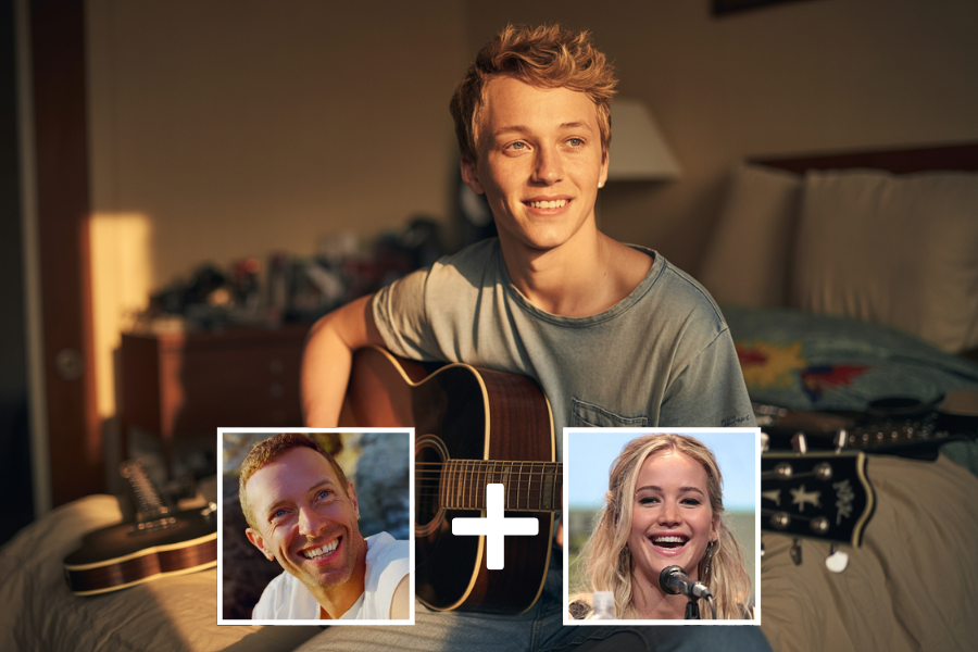 AI-generated young man with tousled blond hair and a cheerful expression, sitting on a bed with a guitar in his lap, bathed in warm golden hour light. Two smaller images—a smiling man outdoors and a woman speaking at a microphone—appear below with a plus sign, indicating he is a digital blend of their features.