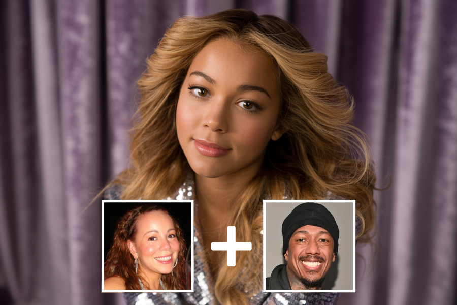 AI-generated young woman with voluminous golden waves, warm brown eyes, and a sparkly silver outfit, posed in front of a soft purple curtain backdrop. Two smaller portraits—a smiling woman with red hair and a man in a black headwrap—are shown below with a plus sign, indicating she is a digital blend of their features.