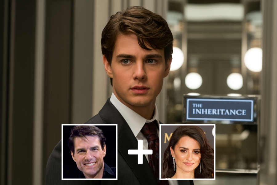AI-generated young man with dark hair and sharp features, wearing a suit in an elegant hallway labeled “The Inheritance.” Below him are two smaller photos—one of a smiling man and another of a woman on a red carpet—joined by a plus sign, implying he is a digital blend of the two.
