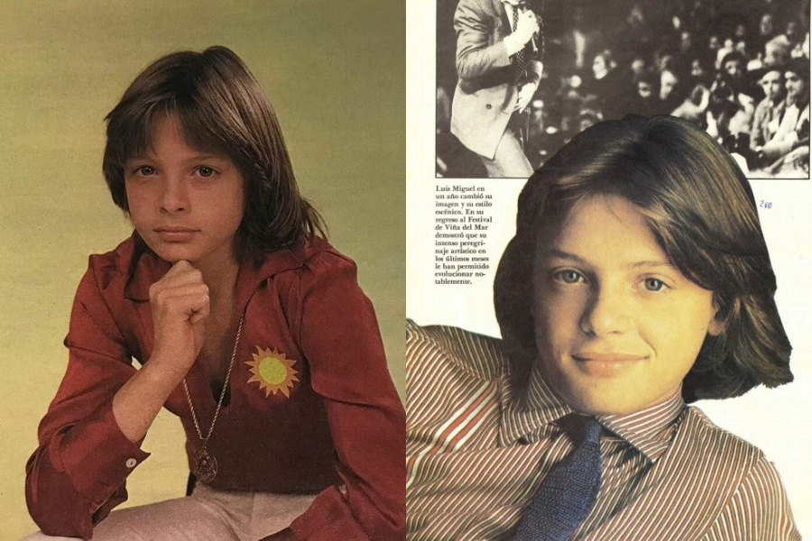 Side-by-side images of a young boy with shoulder-length hair. On the left, he poses in a red shirt with a yellow sun emblem and rests his chin on his hand; on the right, he smiles slightly while wearing a striped shirt and tie, featured in a vintage magazine layout with a photo of a stage performance in the background.