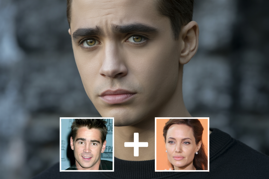 AI-generated young man with sculpted features, olive-toned skin, and hazel eyes, gazing seriously while wearing a black crew neck in front of a moody stone backdrop. Below him are two smaller portraits—a dark-haired man and a woman with defined cheekbones—joined by a plus sign, indicating he is a digital blend of their features.