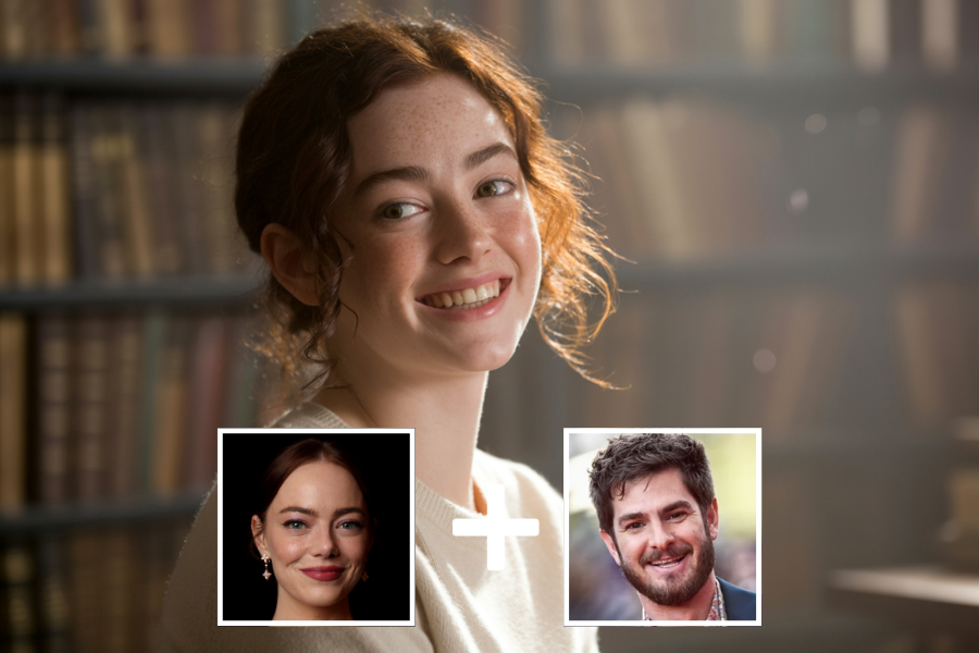 AI-generated young woman with red hair, freckles, and a warm smile, seated in a softly lit library with dust particles catching the sunlight. Below her are two smaller portraits—a woman with elegant makeup and a man with a beard—joined by a plus sign, indicating she is a digital blend of their features.