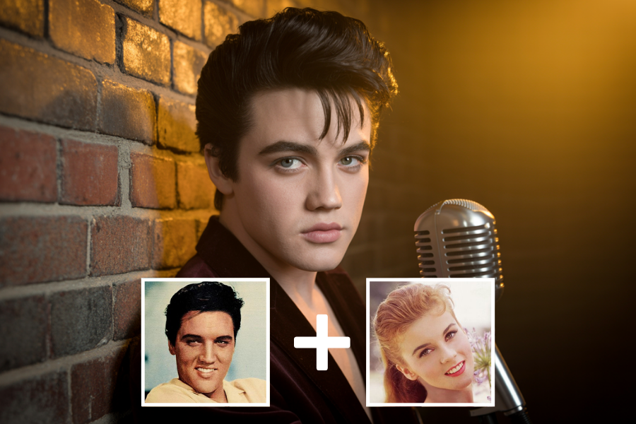 AI-generated young man with slicked-back dark hair, striking eyes, and vintage style, posed beside a retro microphone against a brick wall and dramatic golden lighting. Two smaller portraits—a classic black-haired man and a smiling blonde woman—are featured below with a plus sign, suggesting he is a digital blend of their features.