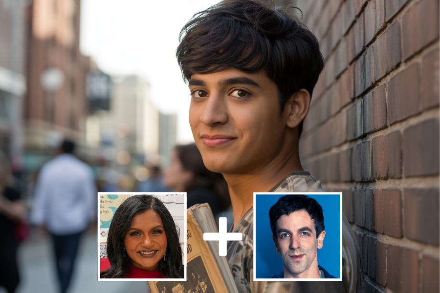 AI-generated young man with soft features and tousled dark hair, holding a notebook while leaning against a brick wall on a city street with blurred pedestrians in the background. Two smaller portraits—a smiling woman with dark hair and a man against a blue backdrop—are shown below with a plus sign, indicating he is a digital blend of their features.