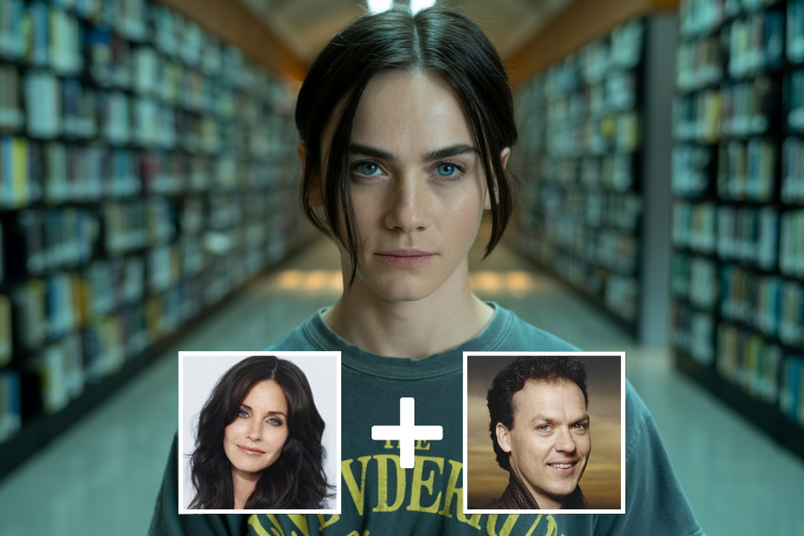 AI-generated young woman with piercing blue eyes and dark hair parted down the middle, standing in the center of a well-lit library aisle. Below her are two smaller portraits—a woman with long black hair and a smiling man—joined by a plus sign, indicating she is a digital blend of their features.