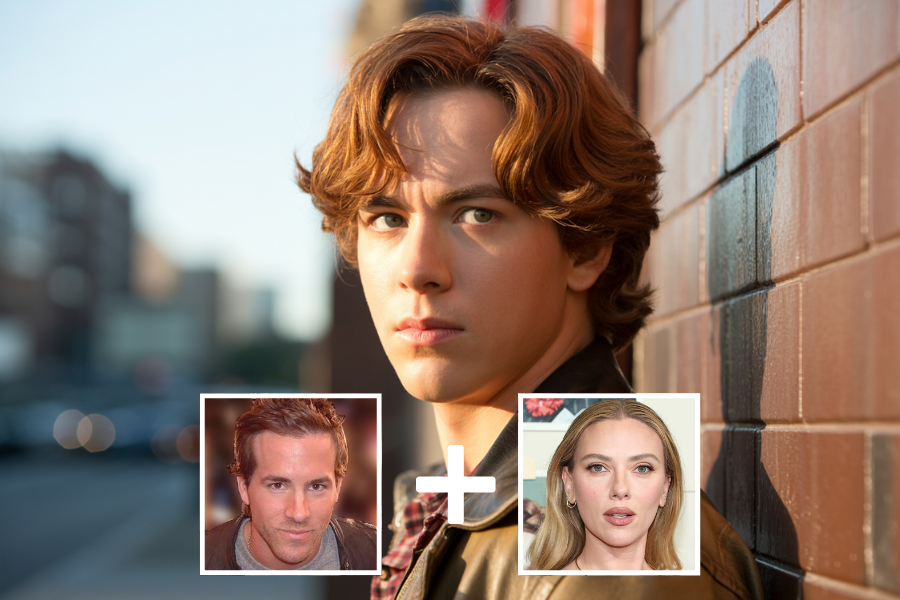 AI-generated young man with wavy auburn hair and a serious expression, leaning against a sunlit brick wall in an urban setting. Two smaller portraits—a man with slicked-back hair and a woman with long blonde hair—are shown below with a plus sign, suggesting he is a digital blend of their features.