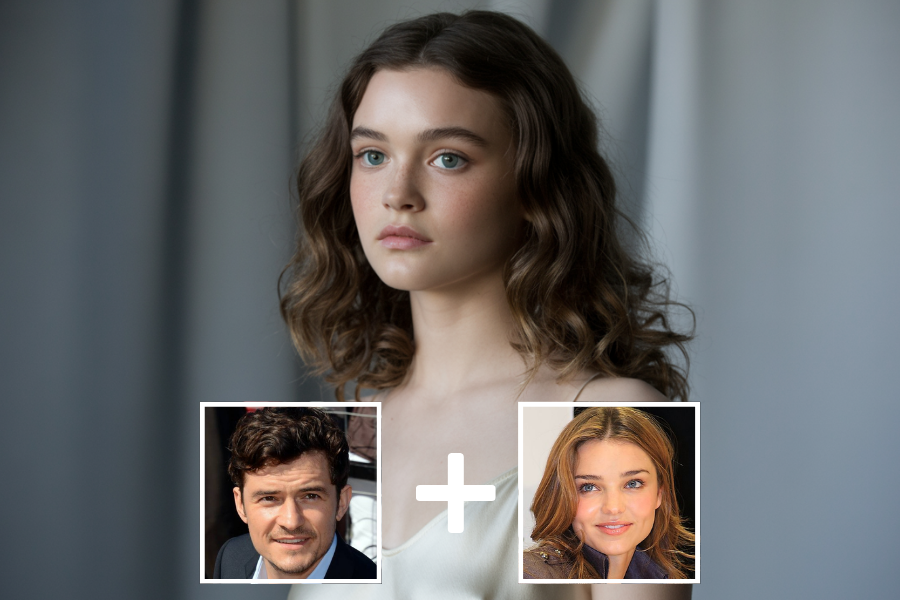Digitally created young girl with soft curls, fair skin, and blue-green eyes, gazing calmly in natural light. Below her are two smaller portrait images—a man and a woman—connected by a plus sign, indicating she is an AI-generated blend of their features.