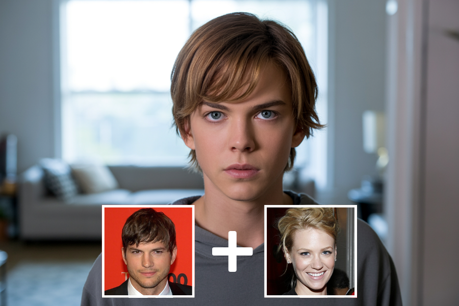 AI-generated teen boy with light brown hair, blue eyes, and a neutral expression, standing in a softly lit living room. Two smaller headshots—one of a man and one of a woman—appear below with a plus sign between them, indicating he's a digital combination of the two.