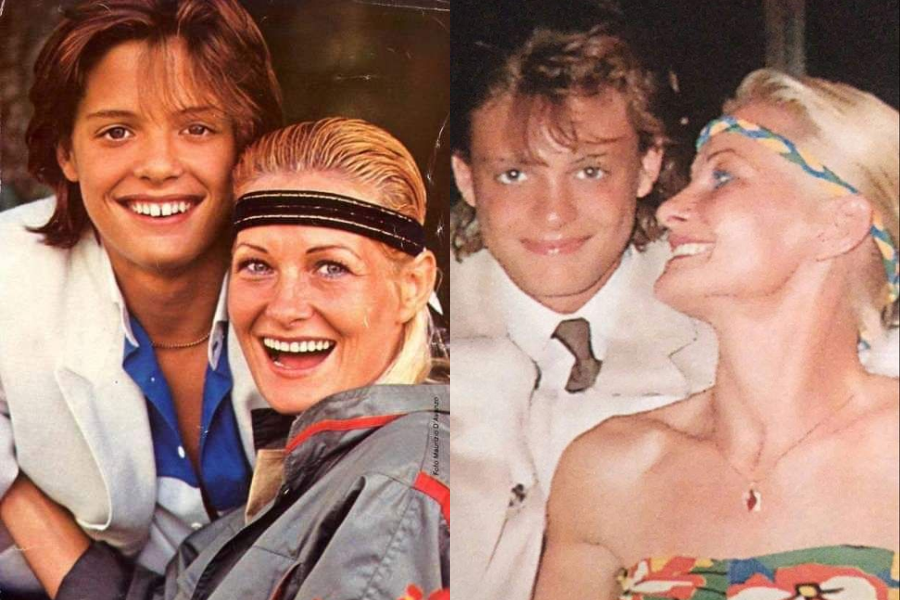 Side-by-side photos of a smiling teenage boy with a blonde woman. On the left, the boy wears a white blazer and the woman sports a sporty headband and jacket, both beaming at the camera. On the right, the pair pose closely at a formal event, with the boy in a white suit and the woman in a strapless patterned dress and braided headband, smiling at each other warmly.