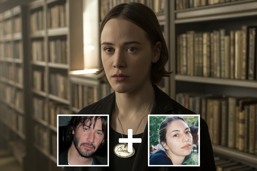 AI-generated young woman with a bob haircut and serious expression, standing in a library filled with books. Below her are two smaller photos—a man with long dark hair and a beard, and a woman in natural light—joined by a plus sign, implying the central figure is a digital blend of their features.