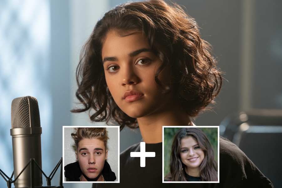 AI-generated young woman with wavy dark hair and expressive eyes, seated in front of a microphone in a softly lit studio. Two smaller portraits—a man with a styled haircut and a woman with long dark hair—are shown below with a plus sign, indicating she is a digital fusion of their features.