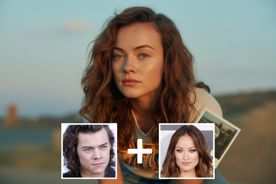 AI-generated young woman with wavy auburn hair and green eyes, gazing softly at the camera during golden hour outdoors. Two smaller photos—a man with long curly hair and a woman with glamorous makeup—appear below with a plus sign, suggesting she is a digital combination of their features.