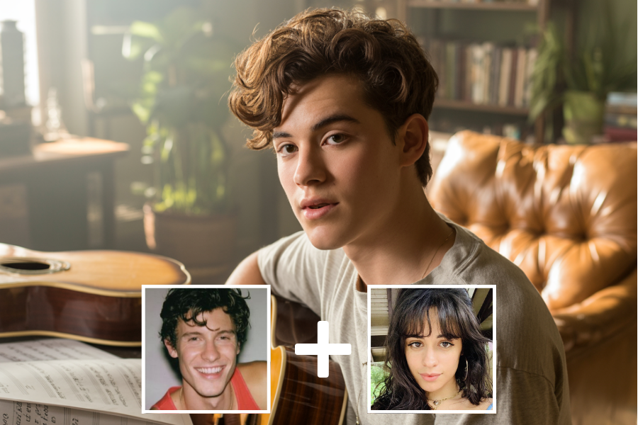 AI-generated teen boy with tousled brown hair and expressive eyes, seated with a guitar in a cozy, sunlit room. Two smaller portraits—one of a smiling man and one of a woman with bangs—appear below with a plus sign, suggesting he is a digital blend of their features.