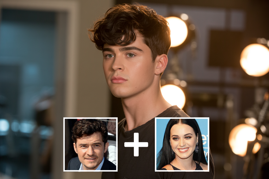 AI-generated young man with tousled dark hair, smooth skin, and defined features, standing in a studio setting with bright stage lights in the background. Below him are two smaller portraits—a man with wavy hair and a woman with long dark hair—joined by a plus sign, indicating he is a digital blend of their faces.