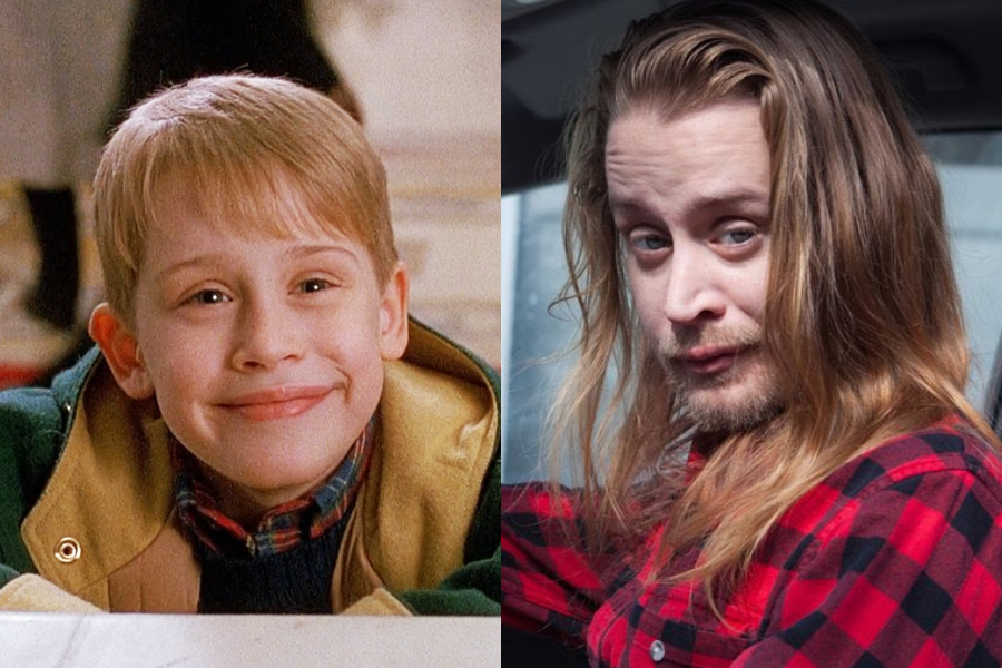 Side-by-side comparison of a boy and a man. On the left, a smiling young boy with blonde hair wears a green coat with a tan hood and plaid shirt, posing indoors. On the right, a man with long blonde hair and facial hair, wearing a red and black plaid shirt, sits in a car, gazing at the camera with a subtle smirk.