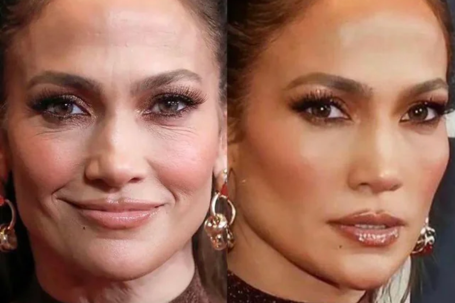 Side-by-side close-up photos of a woman with brown eyes, full lips, and gold hoop earrings. The left side shows her with visible facial wrinkles and a soft smile, while the right side depicts a smoother complexion with a serious expression, highlighting makeup differences.