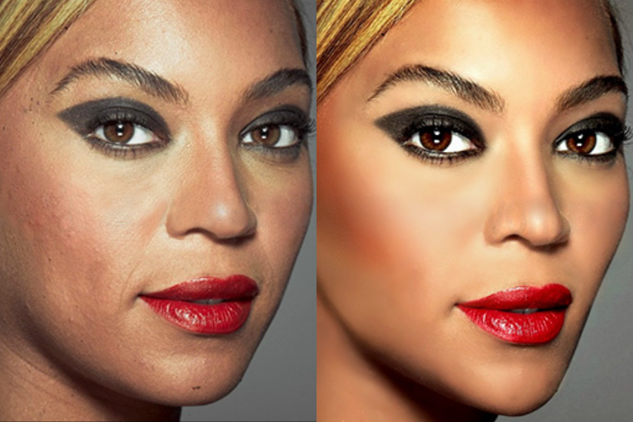 Side-by-side close-up portraits of a woman with dark eye makeup, red lipstick, and light brown hair pulled back. The left image shows natural skin texture with visible lines and pores, while the right image features smoother, airbrushed skin with enhanced contouring and makeup contrast.